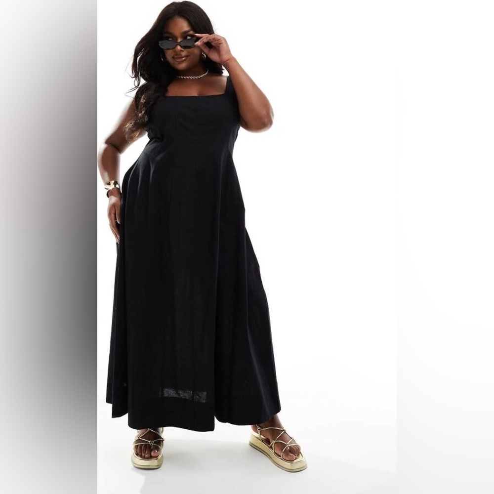 ASOS DESIGN CURVE Cotton Linen Black Square-Neck Seamed Midi Maxi Sun Dress